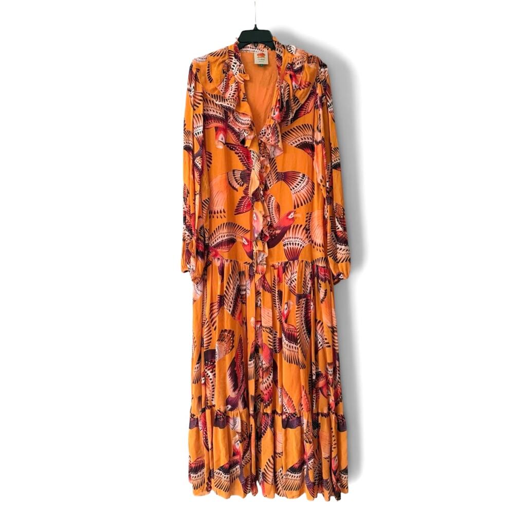 Farm Rio Orange Parrot Bird Print Ruffle Tiered Maxi Dress Long Sleeve L